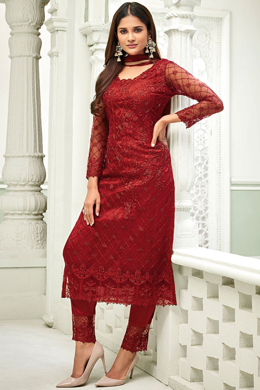 Maroon Net Party Wear Stright Cut Suit