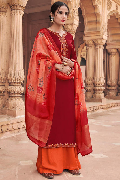 Maroon Traditional Party Wear Palazzo Suit