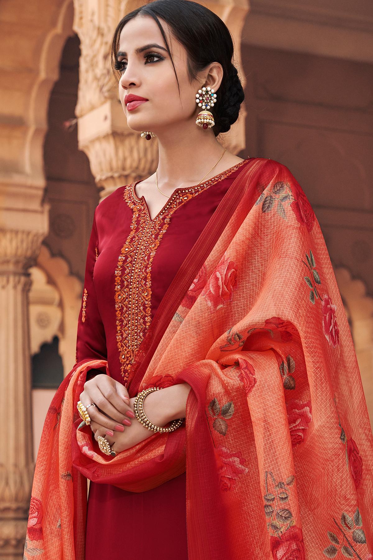 Maroon Traditional Party Wear Palazzo Suit