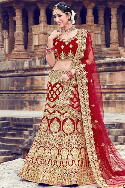Maroon Velvet Bridal Lehenga Choli