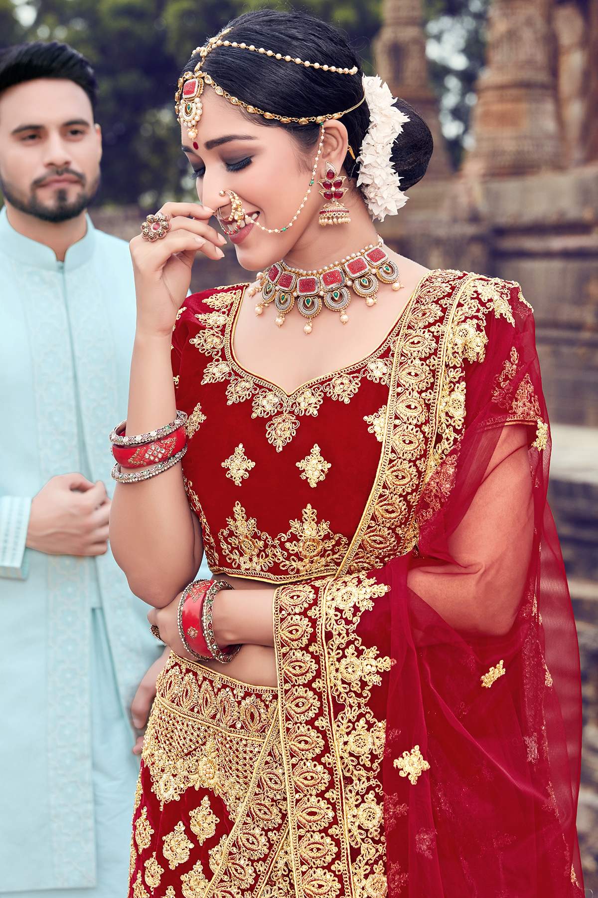 Maroon Velvet Bridal Lehenga Choli