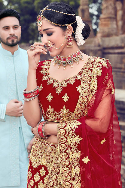 Maroon Velvet Bridal Lehenga Choli