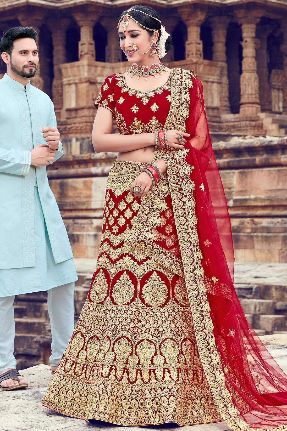 Maroon Velvet Bridal Lehenga Choli