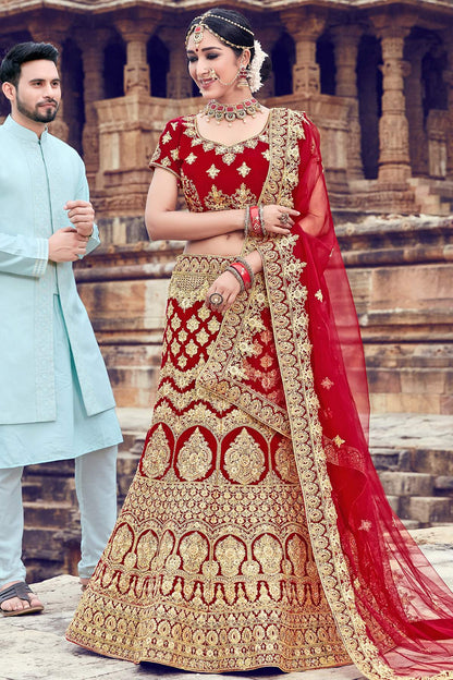 Maroon Velvet Bridal Lehenga Choli