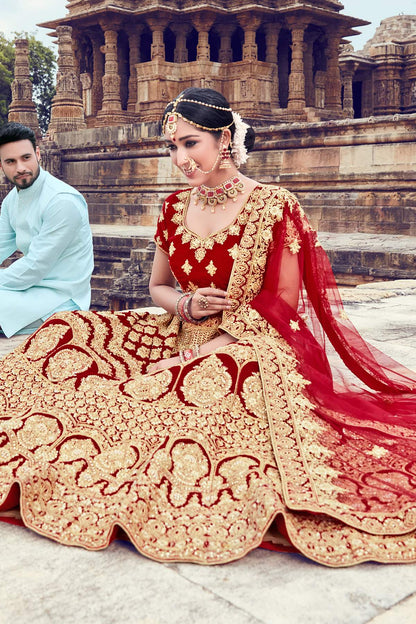 Maroon Velvet Bridal Lehenga Choli