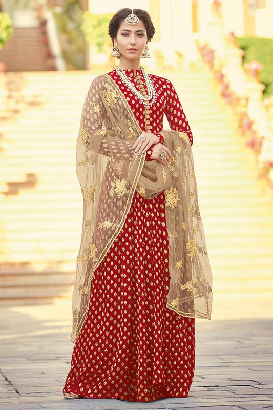 Scarlet Red Embroidered Party Wear Anarkali Suit