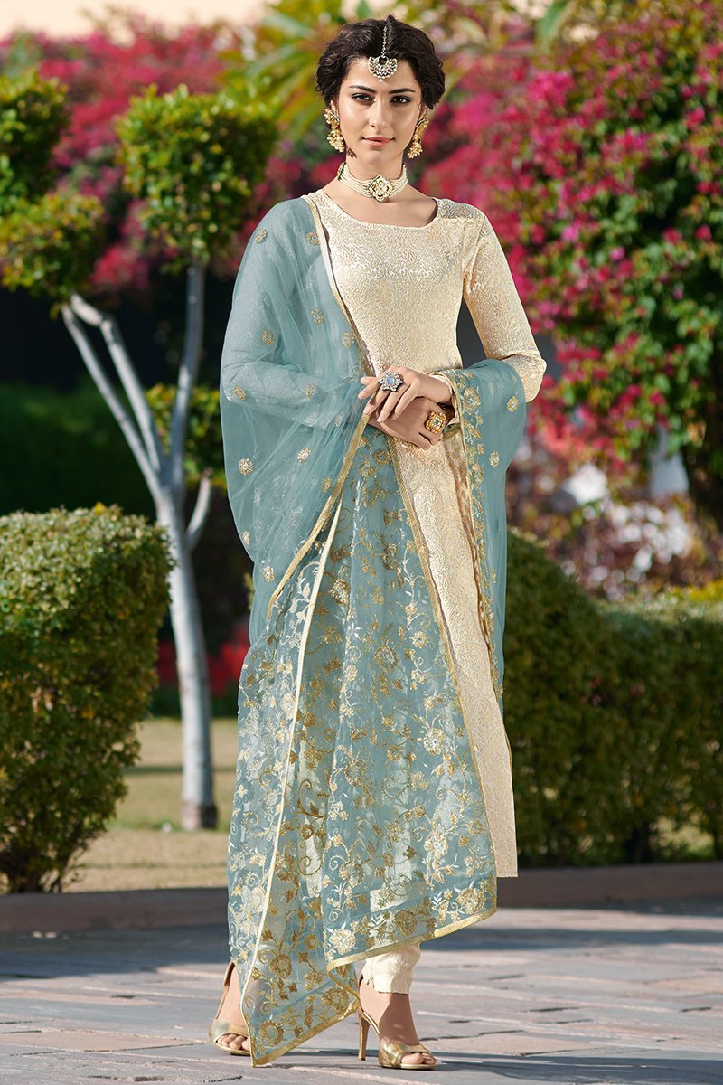 Cream Embroidered Party Wear Suit
