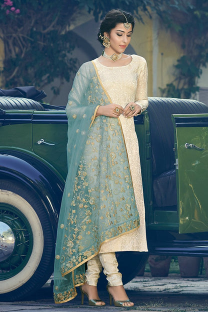 Cream Embroidered Party Wear Suit