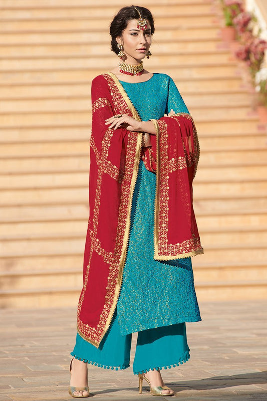 Sapphire Blue Embroidered Party Wear Suit