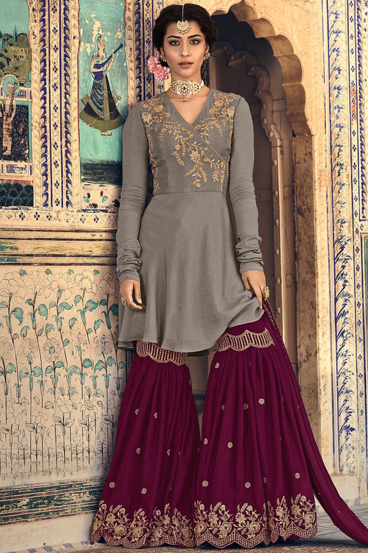 Purple and Gray Party Wear Sharara suit