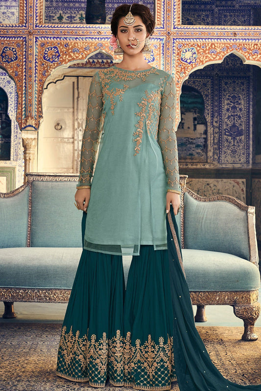 Blue and Green Party Wear Sharara suit