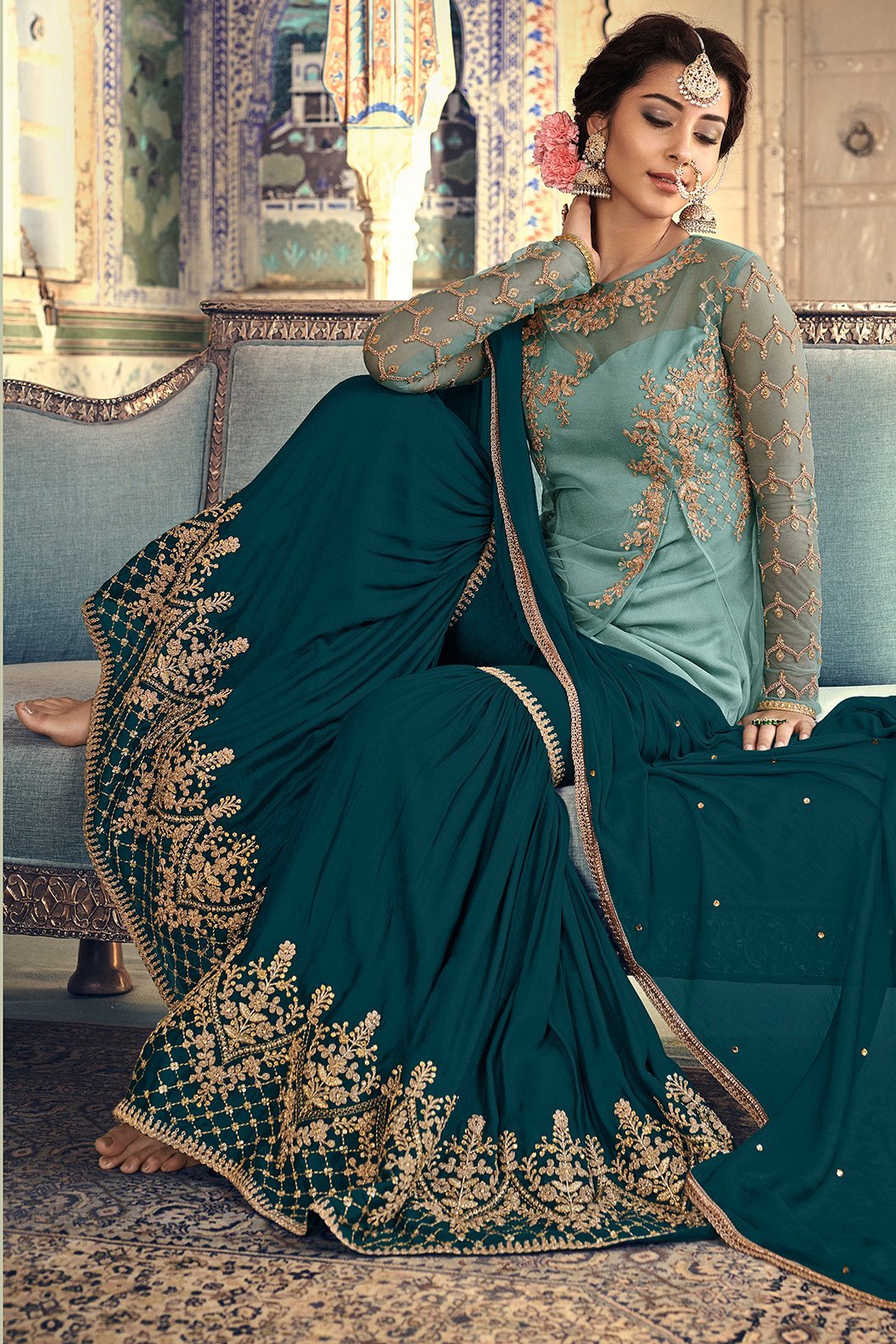 Blue and Green Party Wear Sharara suit