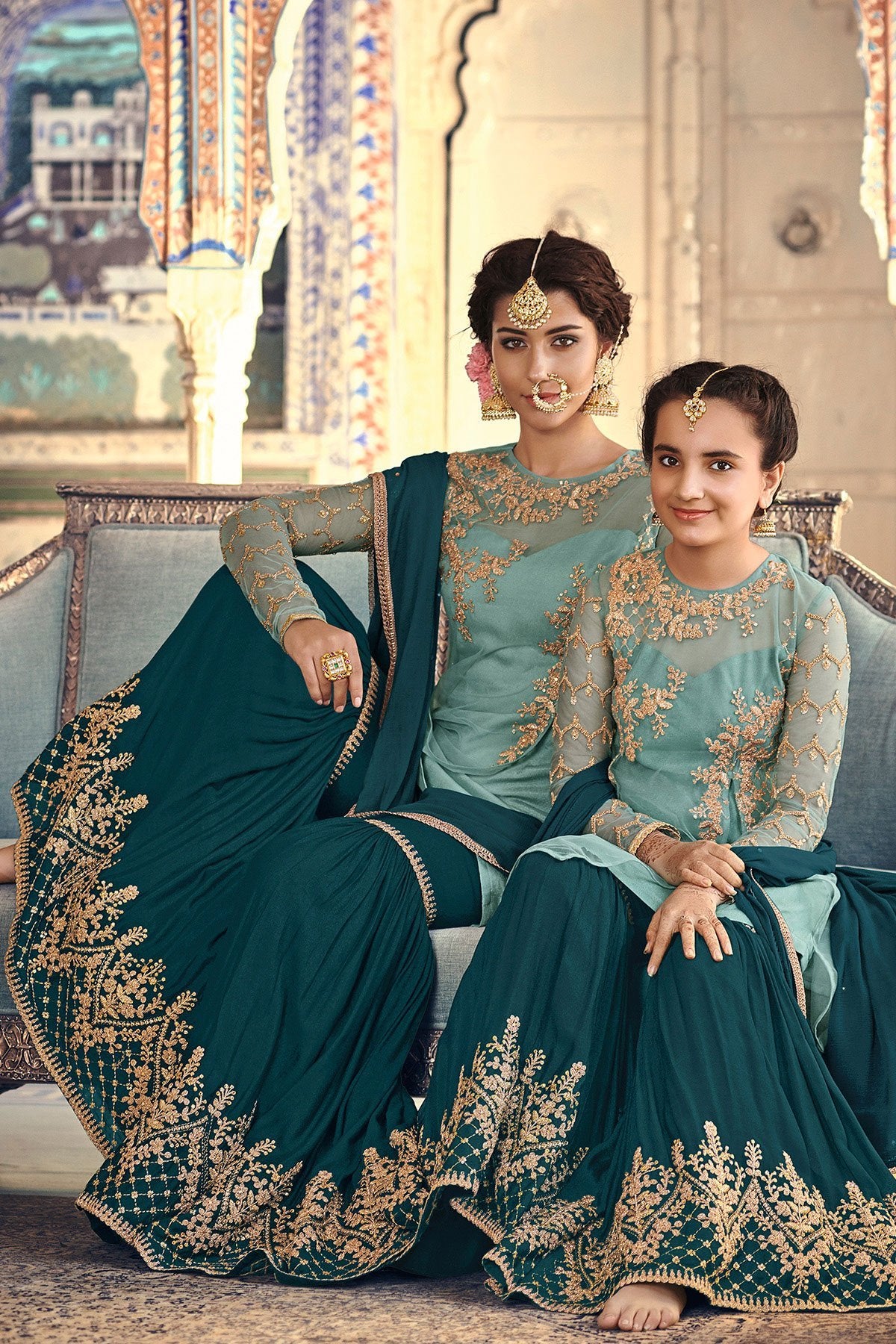 Blue and Green Party Wear Sharara suit