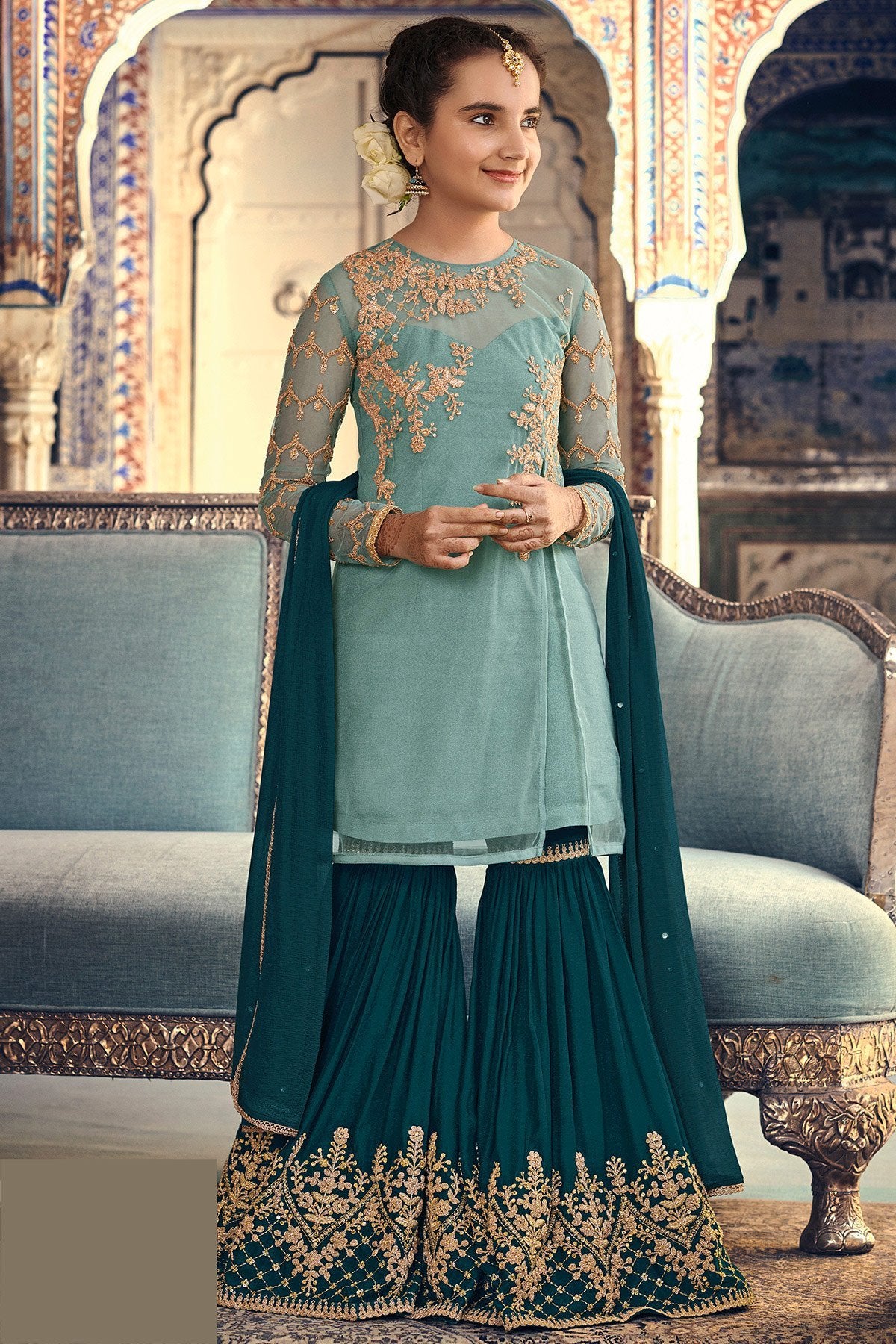 Blue and Green Party Wear Sharara suit