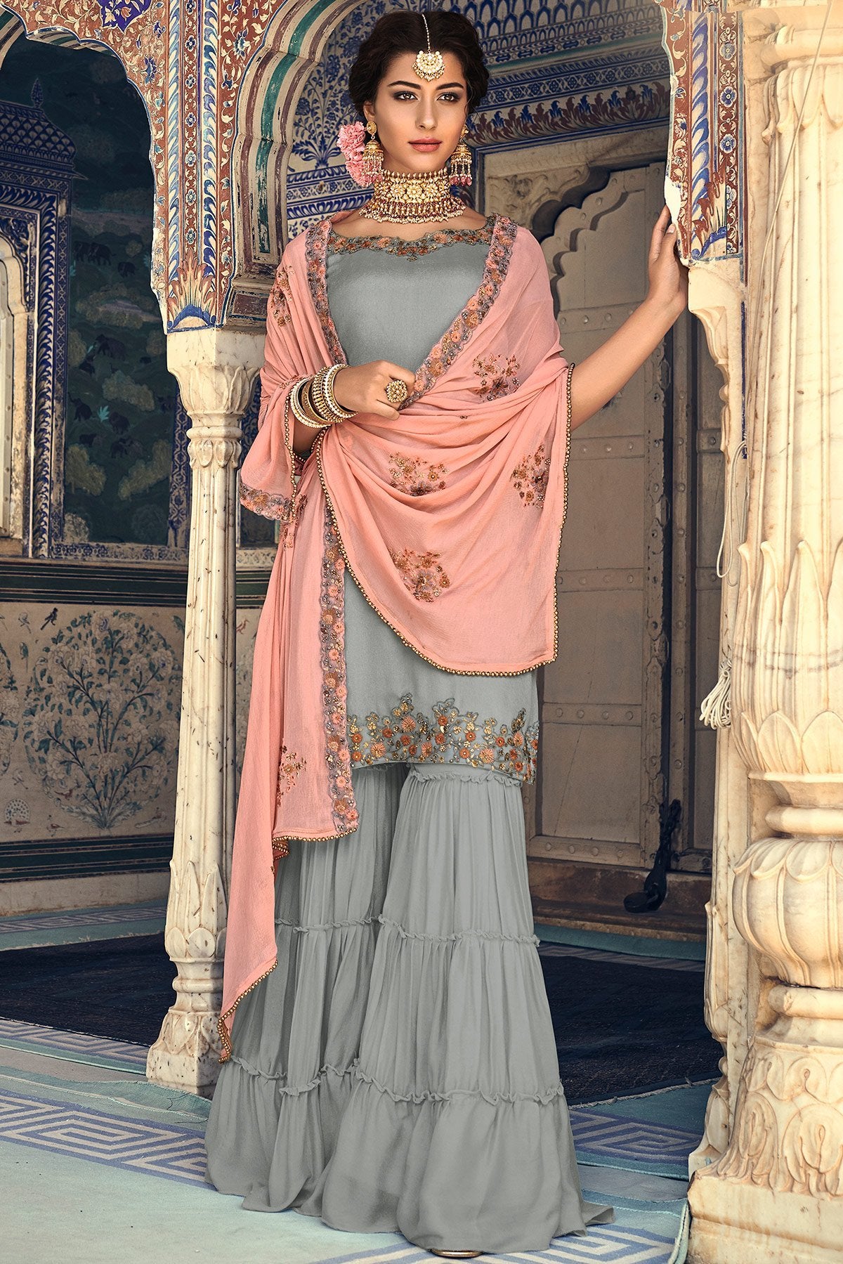 Peach and Gray Party Wear Sharara suit