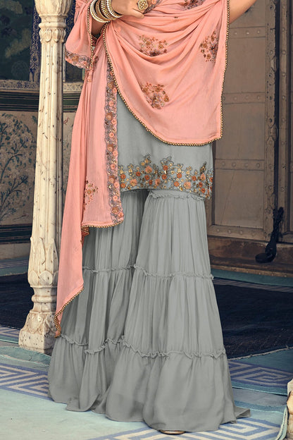 Peach and Gray Party Wear Sharara suit