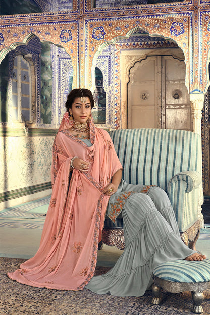 Peach and Gray Party Wear Sharara suit