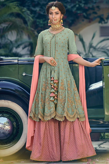 Pink and Green Party Wear Sharara suit