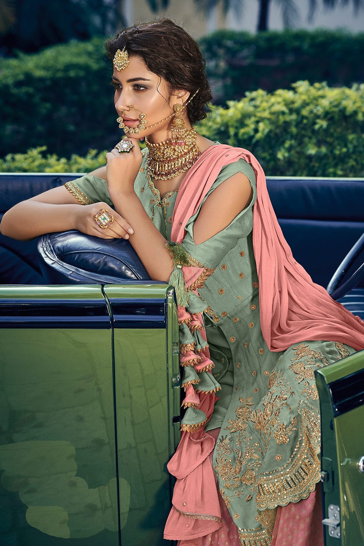 Pink and Green Party Wear Sharara suit