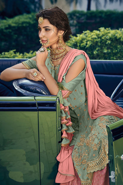 Pink and Green Party Wear Sharara suit