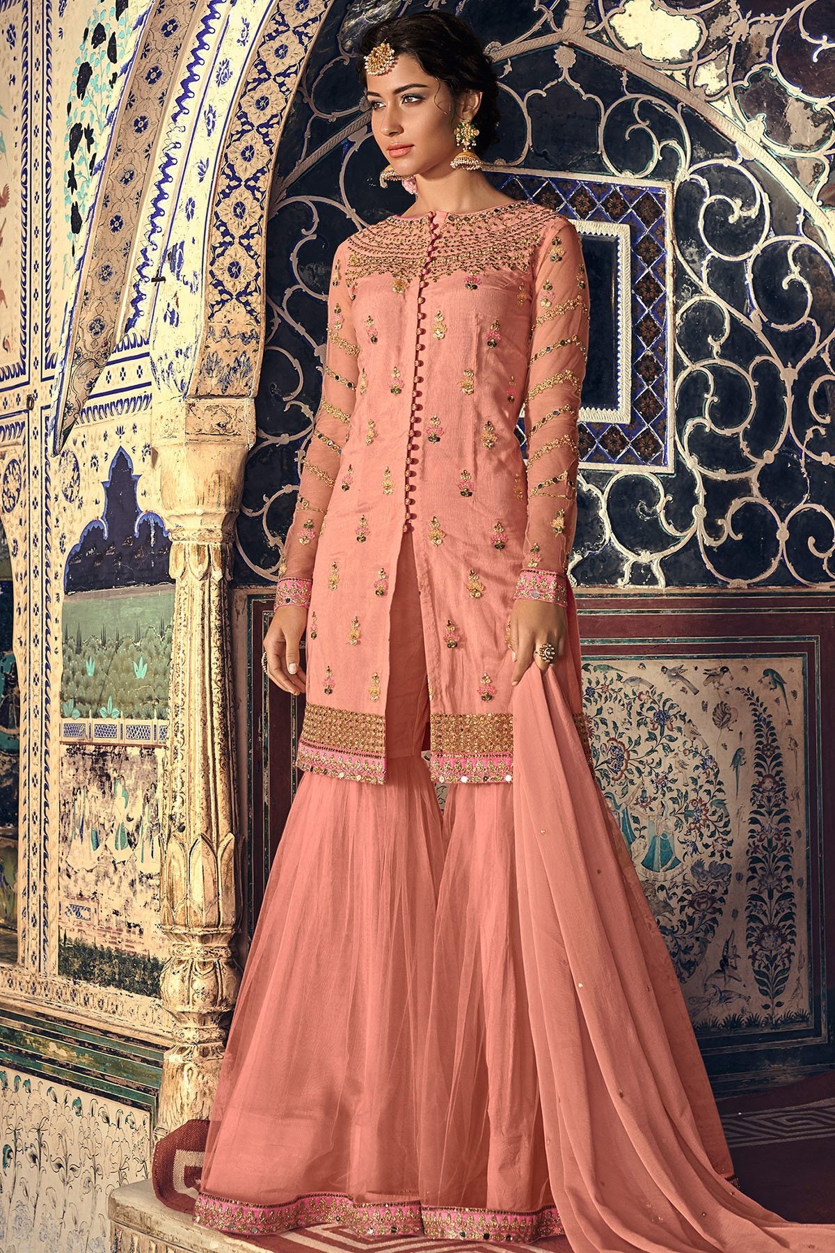 Peach Pink Party Wear Sharara suit