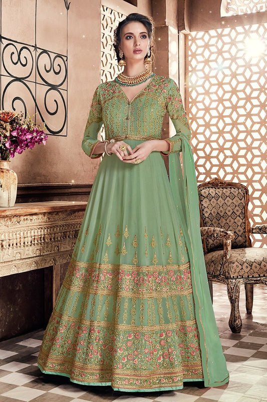Pista Green Multi Embroidered Party Wear Anarkali Suit