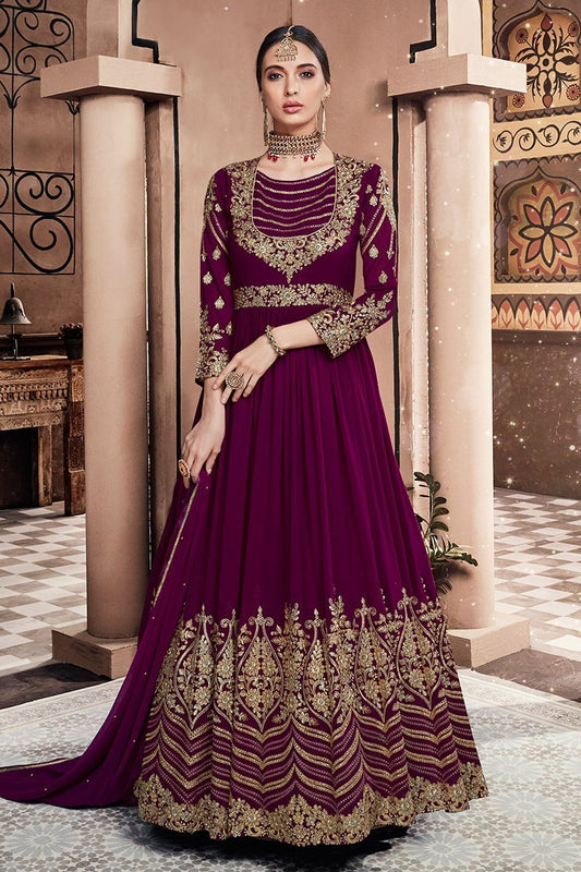 Plum Purple Multi Embroidered Party Wear Anarkali Suit