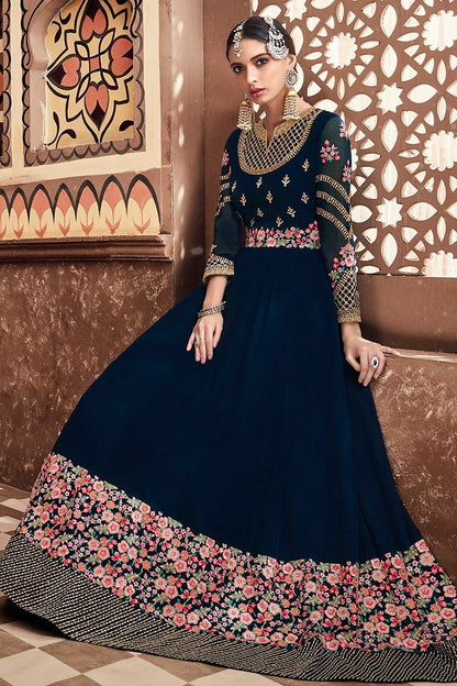 Midnight Blue Multi Embroidered Party Wear Anarkali Suit