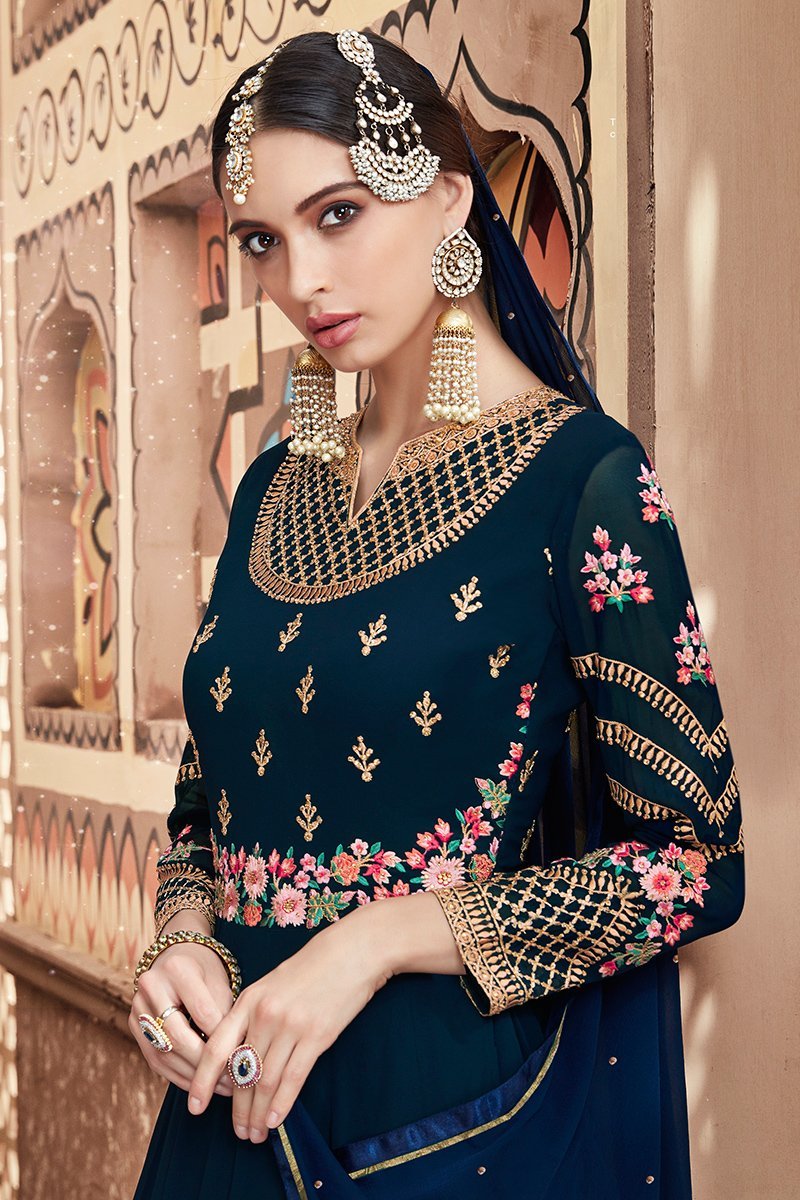Midnight Blue Multi Embroidered Party Wear Anarkali Suit