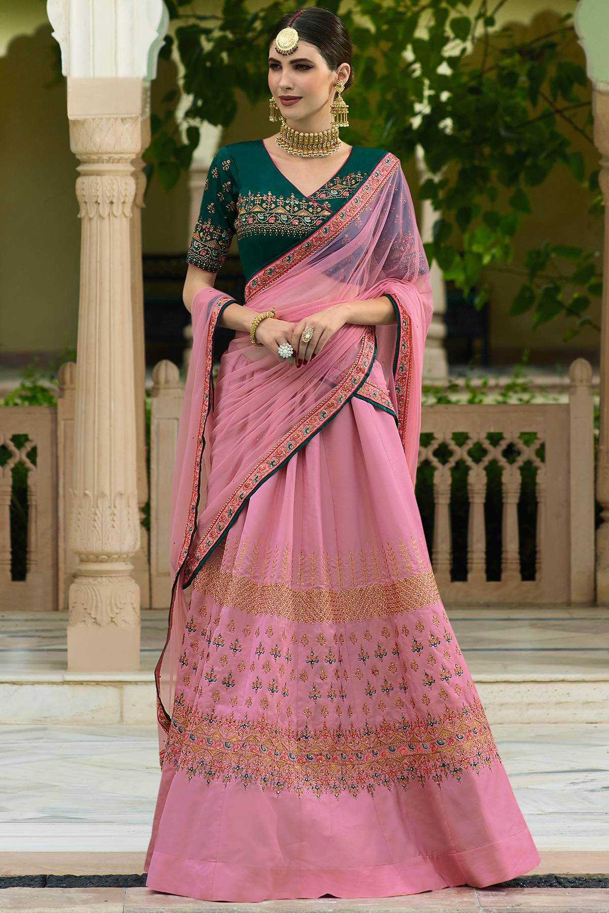 Mauve and Pine Green Designer Silk Lehenga Choli