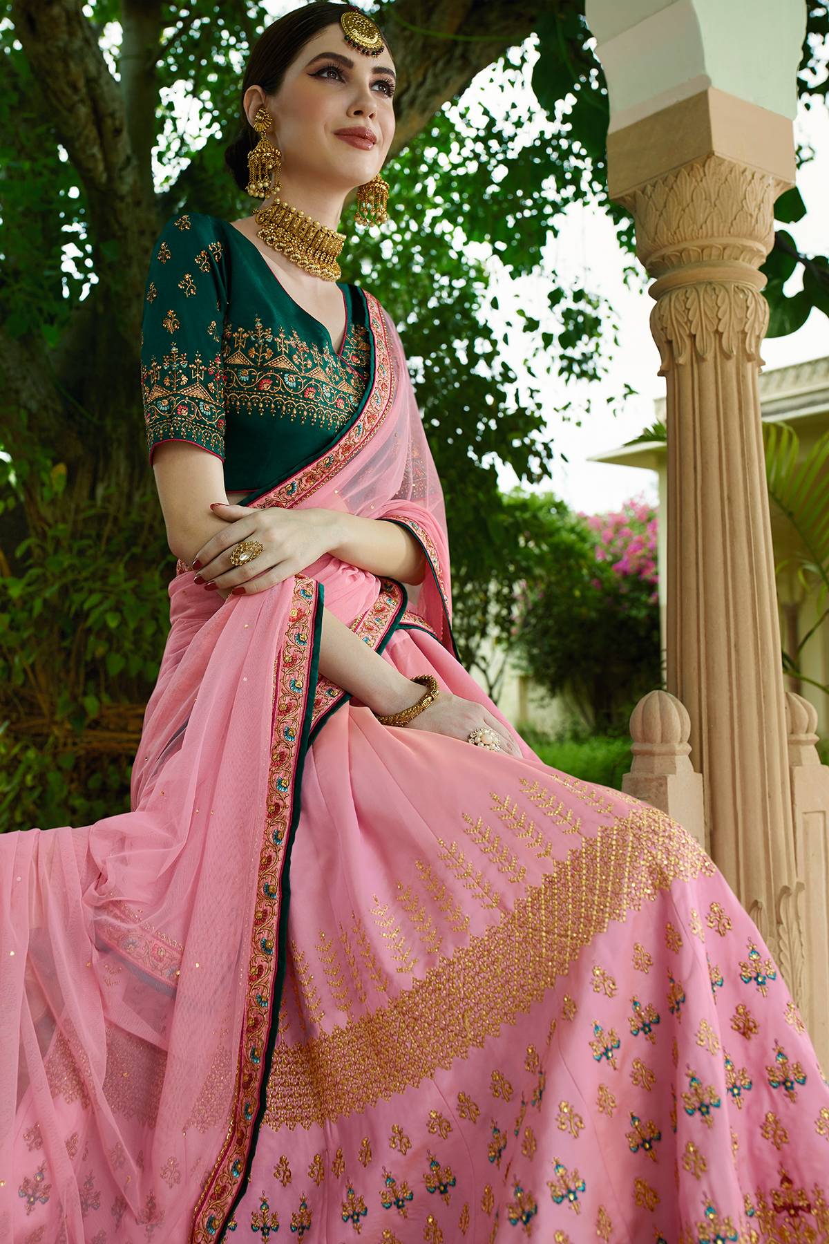 Mauve and Pine Green Designer Silk Lehenga Choli