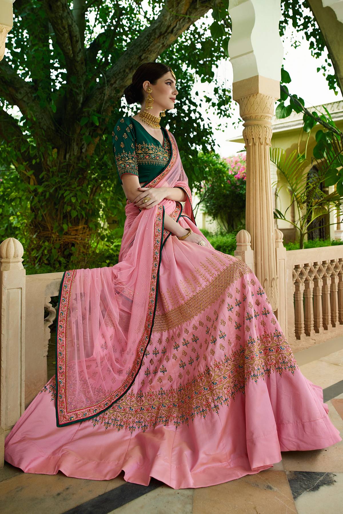 Mauve and Pine Green Designer Silk Lehenga Choli