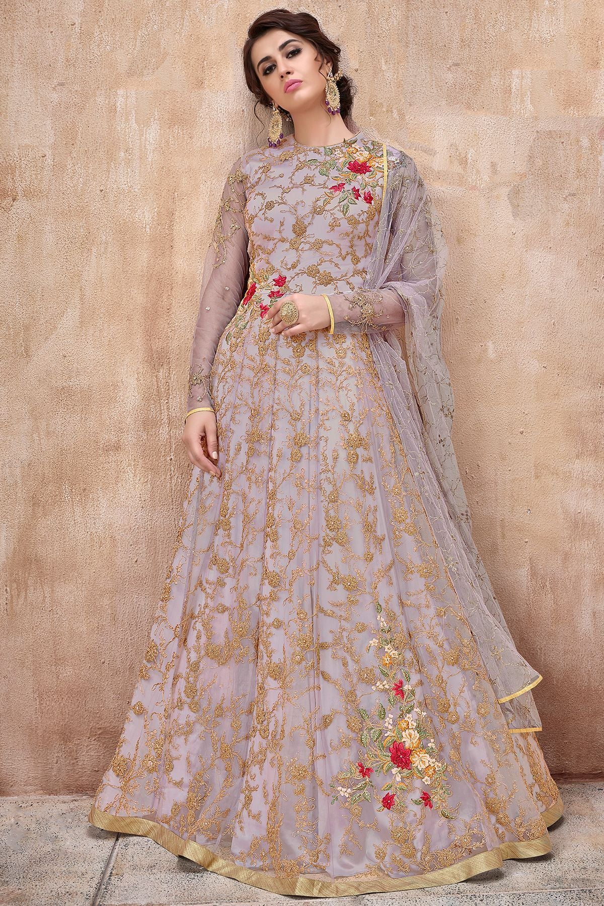 Mauve Embroidered Net Anarkali Suit