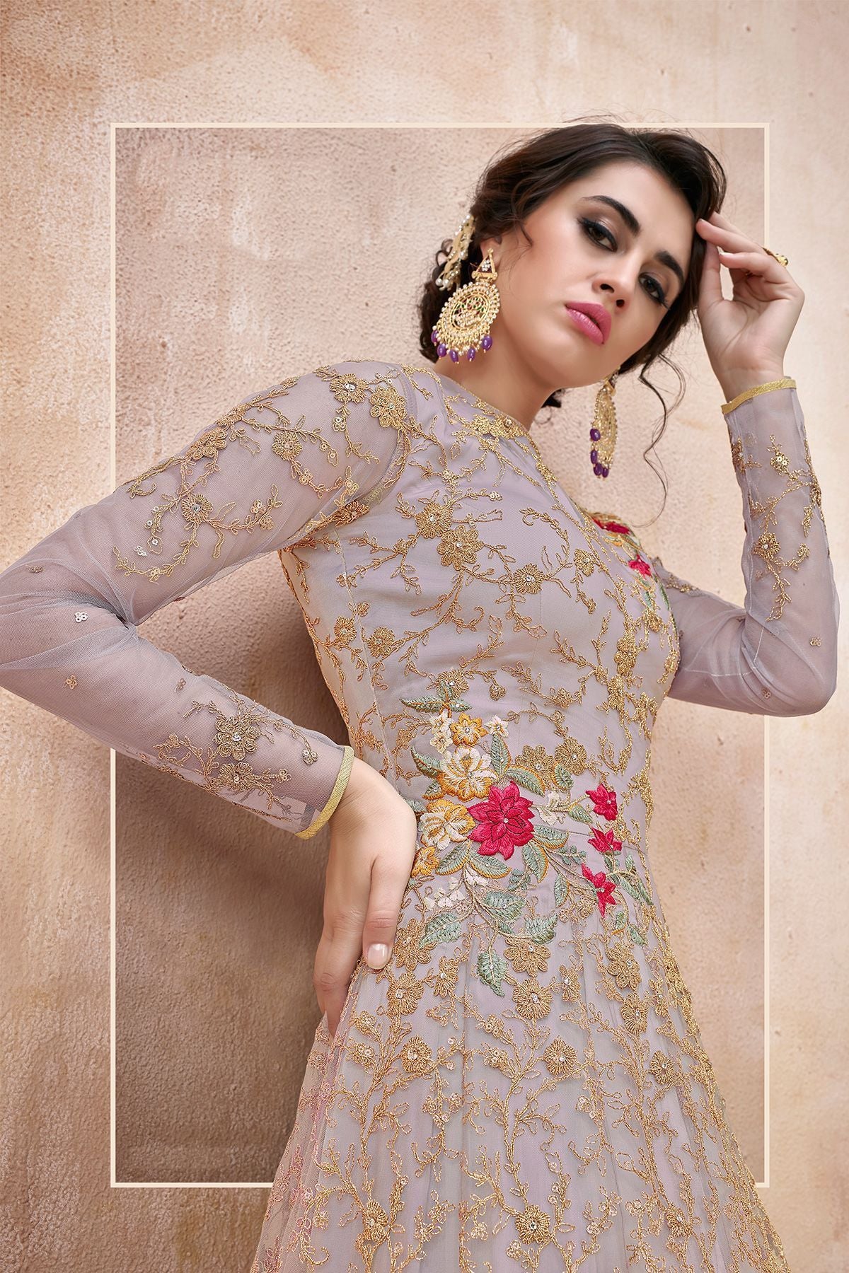 Mauve Embroidered Net Anarkali Suit