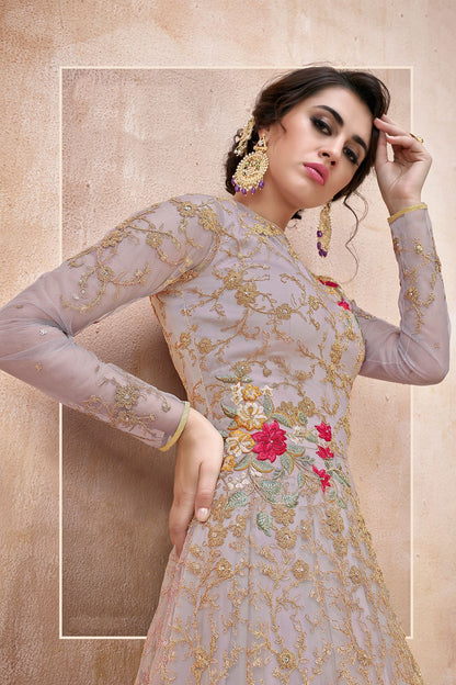Mauve Embroidered Net Anarkali Suit