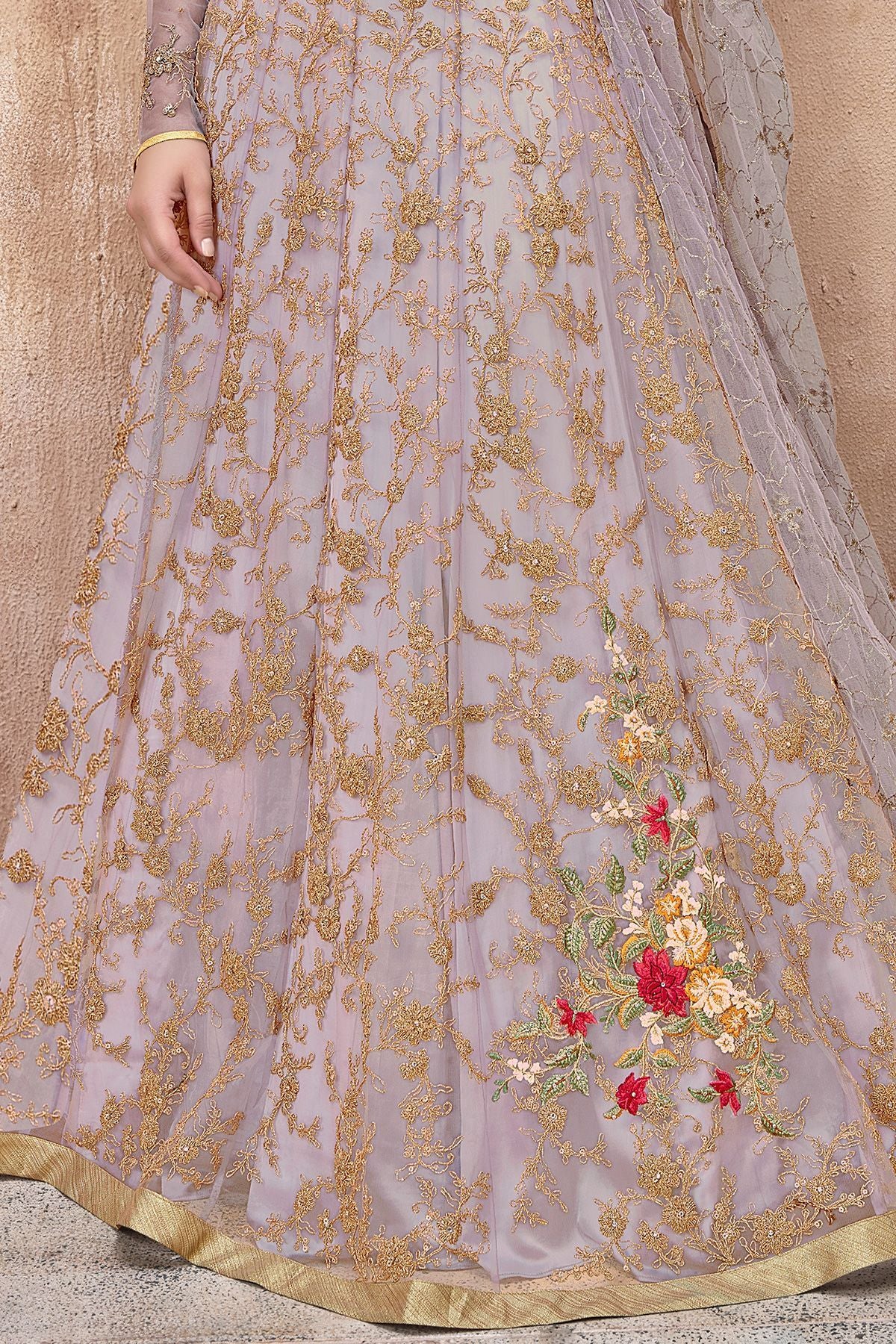 Mauve Embroidered Net Anarkali Suit