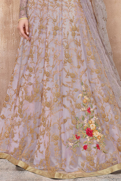 Mauve Embroidered Net Anarkali Suit