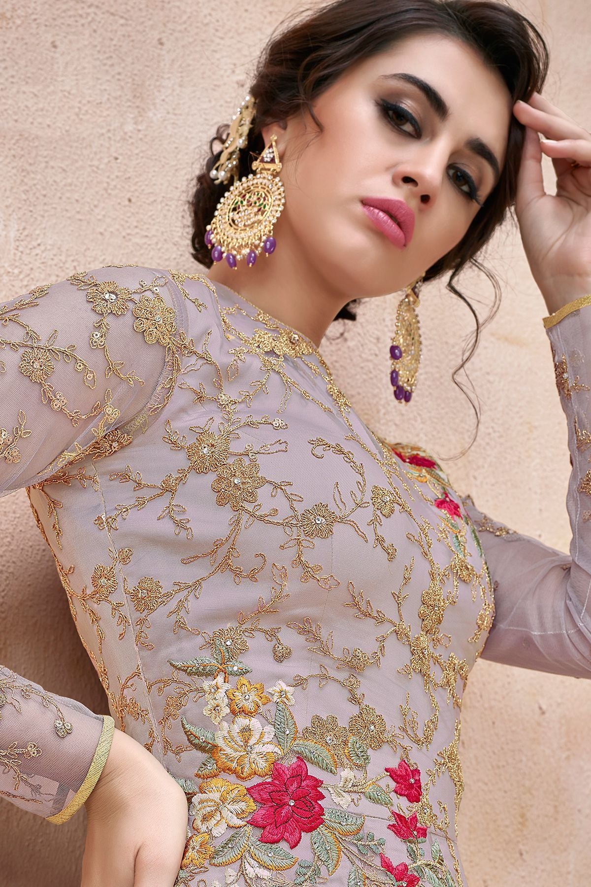 Mauve Embroidered Net Anarkali Suit