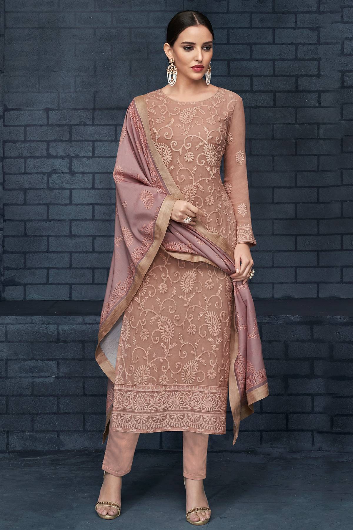 Mauve Georgette Lakhnavi Straight Suit