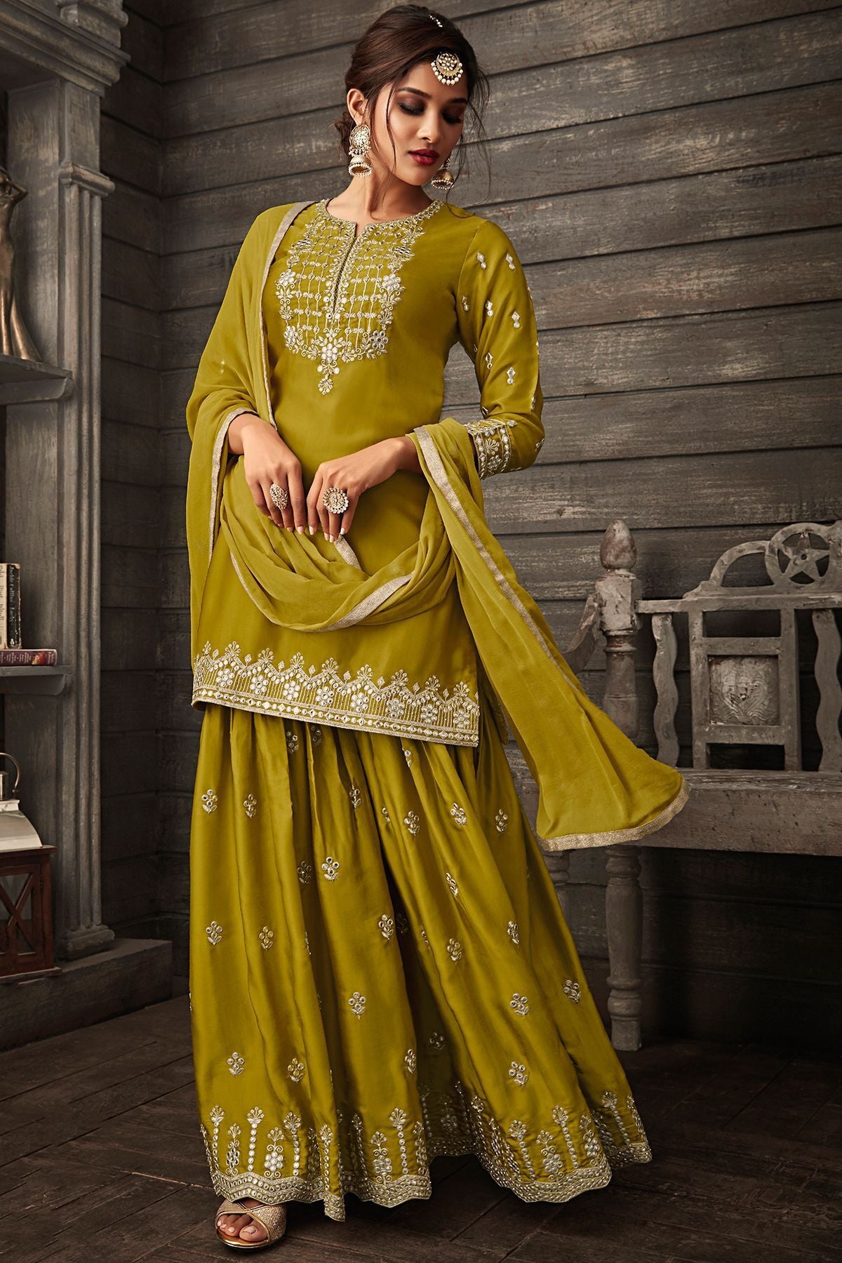 Mehendi Green Embroidered Palazzo Suit