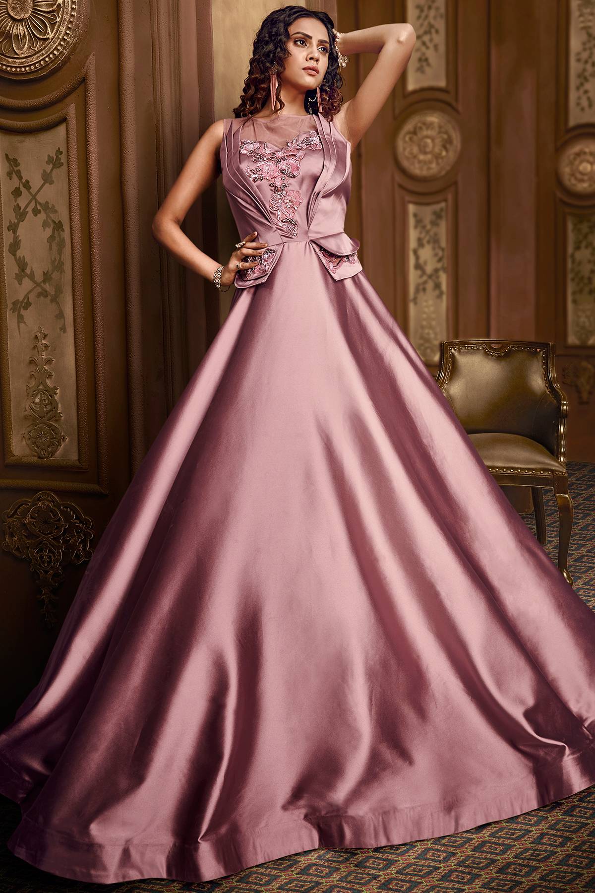 Metallic Rose Gold Designer Silk Gown