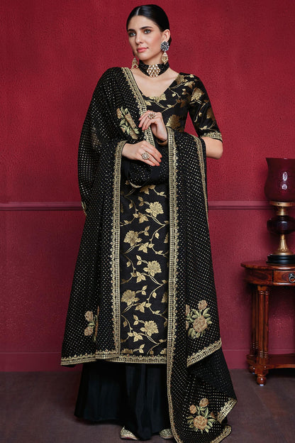 Midnight Black Designer Dola Silk Palazzo Suit