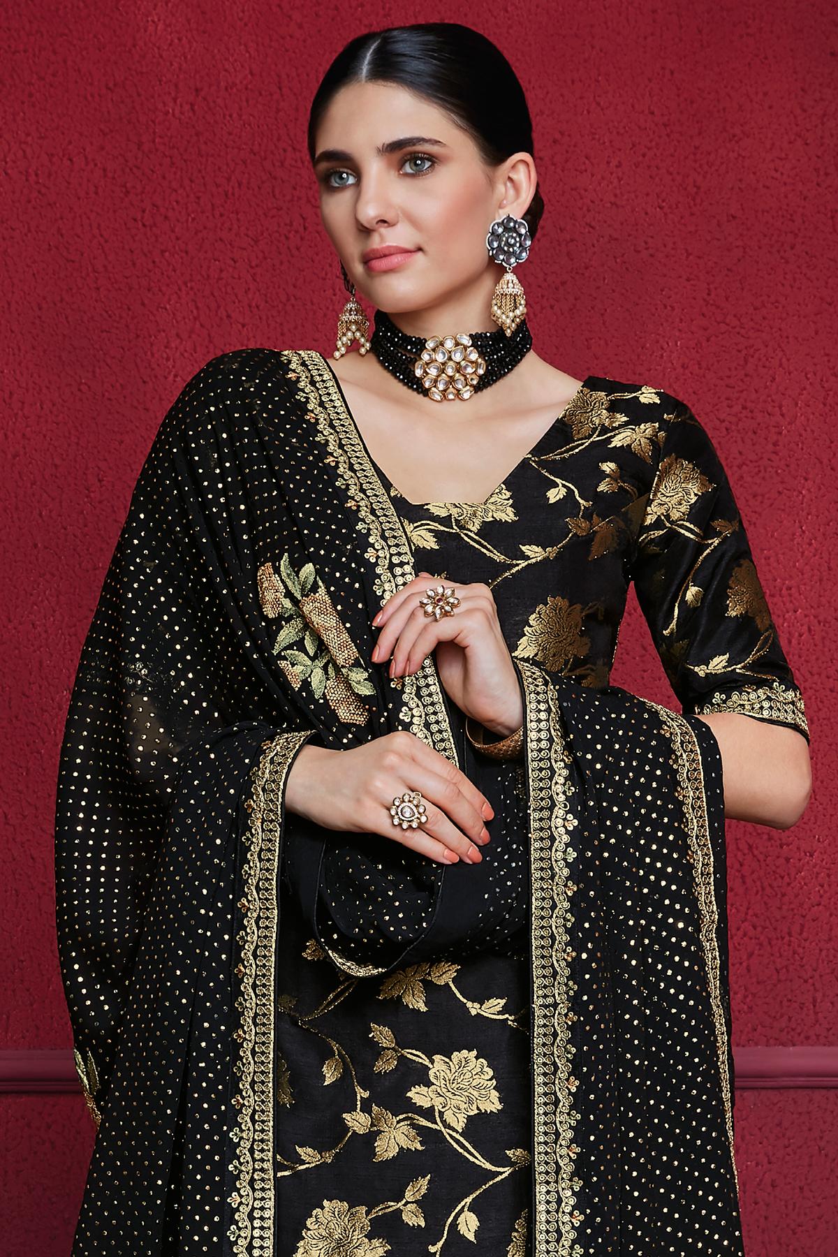 Midnight Black Designer Dola Silk Palazzo Suit