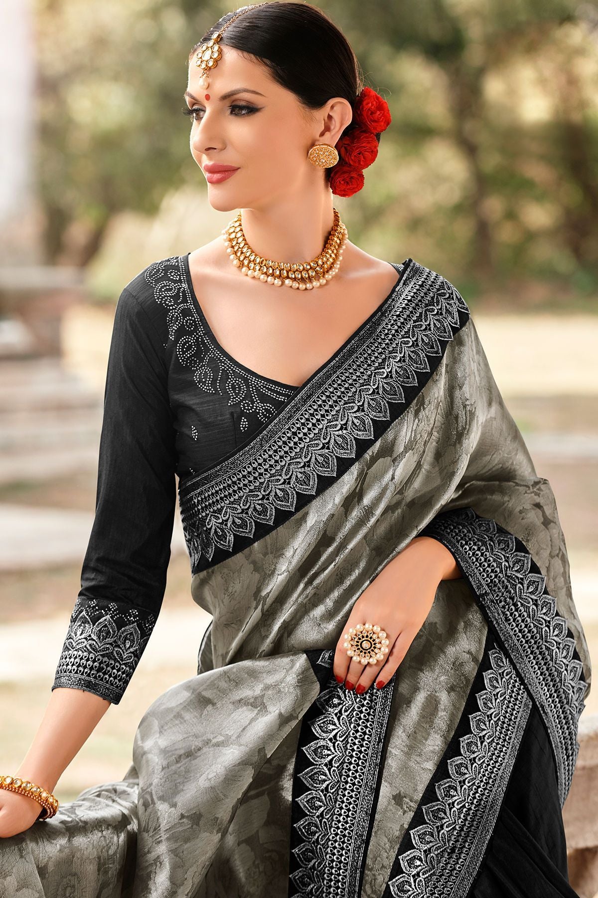 Midnight Black Designer Fancy Fabric Sari