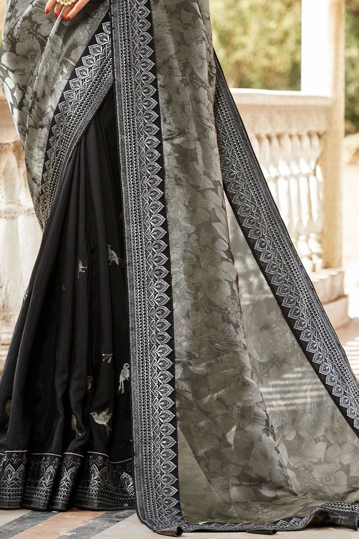 Midnight Black Designer Fancy Fabric Sari