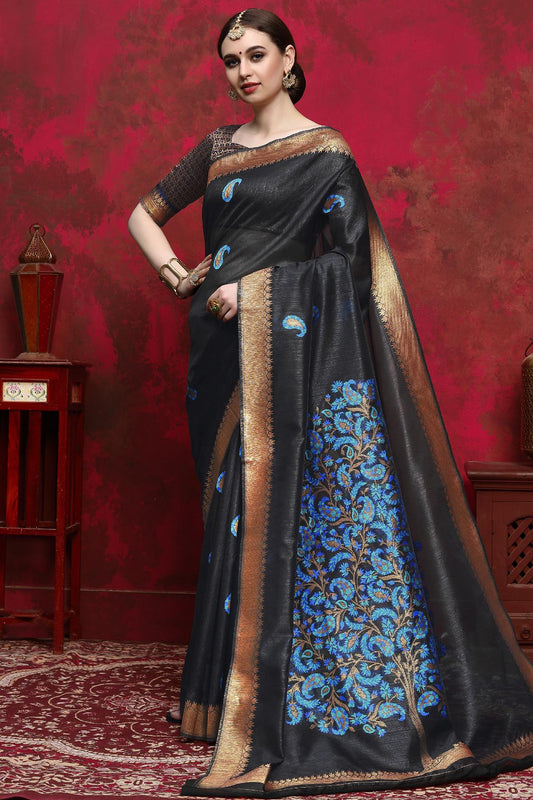 Midnight Black Designer Silk Sari