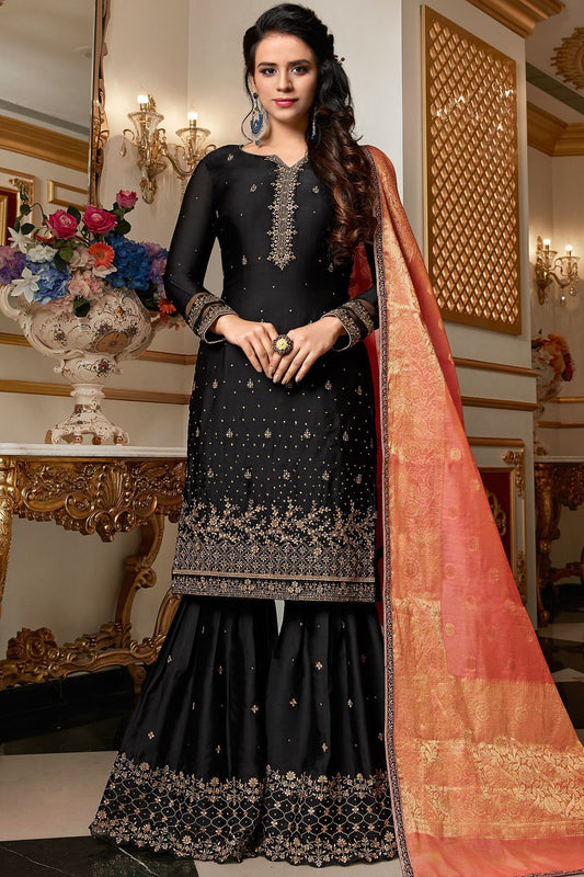 Midnight Black Embroidered Sharara Suit