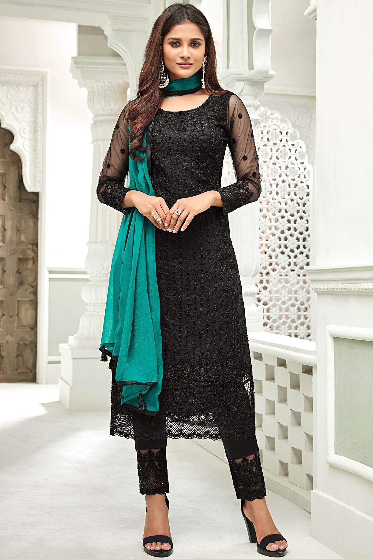 Midnight Black Net Party Wear Stright Cut Suit