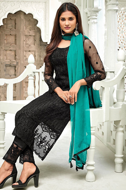 Midnight Black Net Party Wear Stright Cut Suit