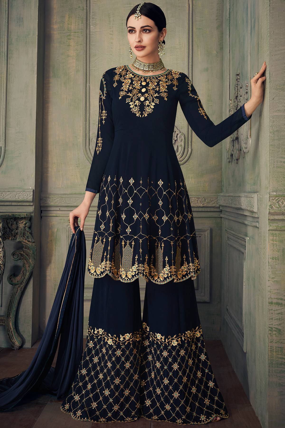 Midnight Blue Designer Gharara Style Suit